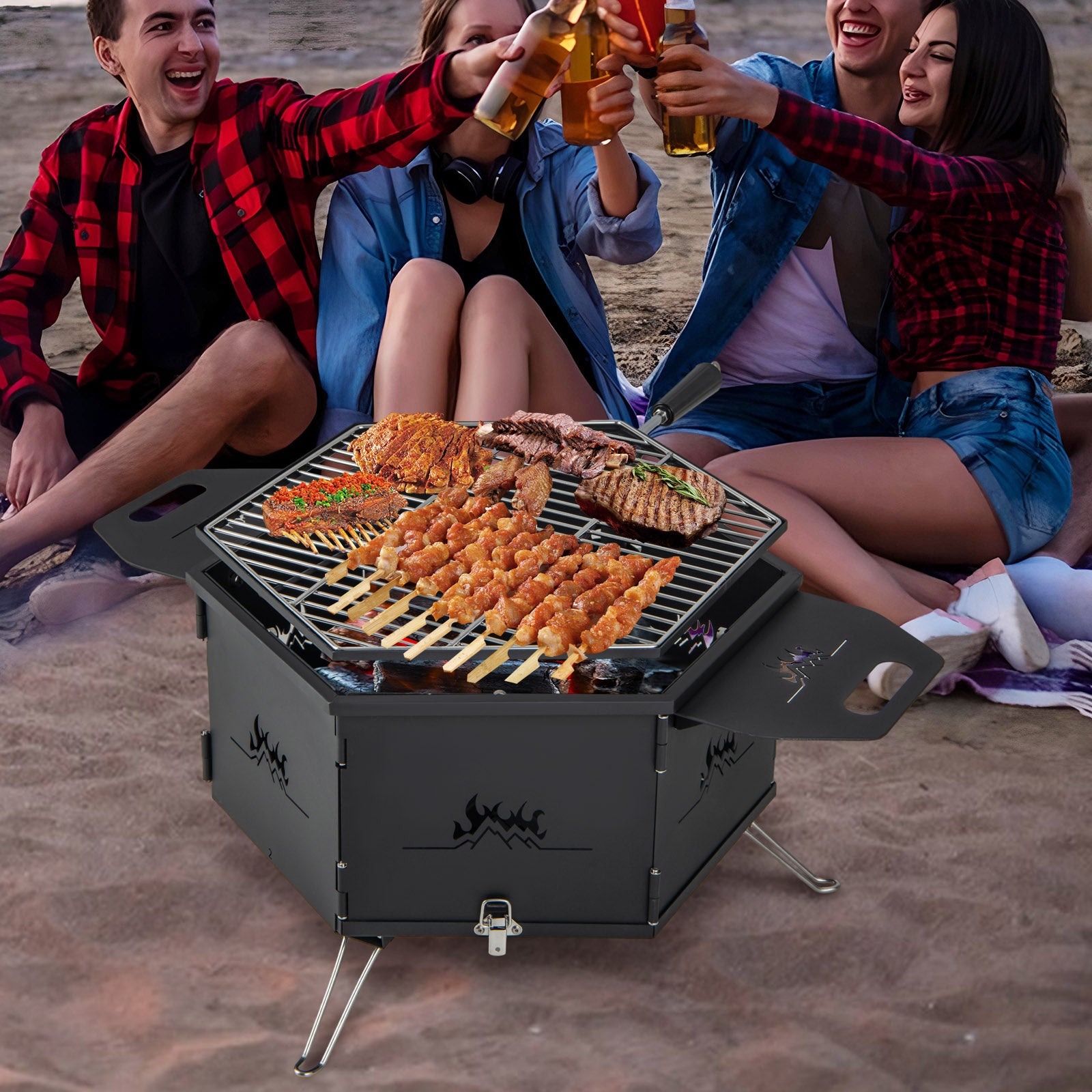 Portable Charcoal Grill Stove Rotatable with Foldable Body and Legs with Handles