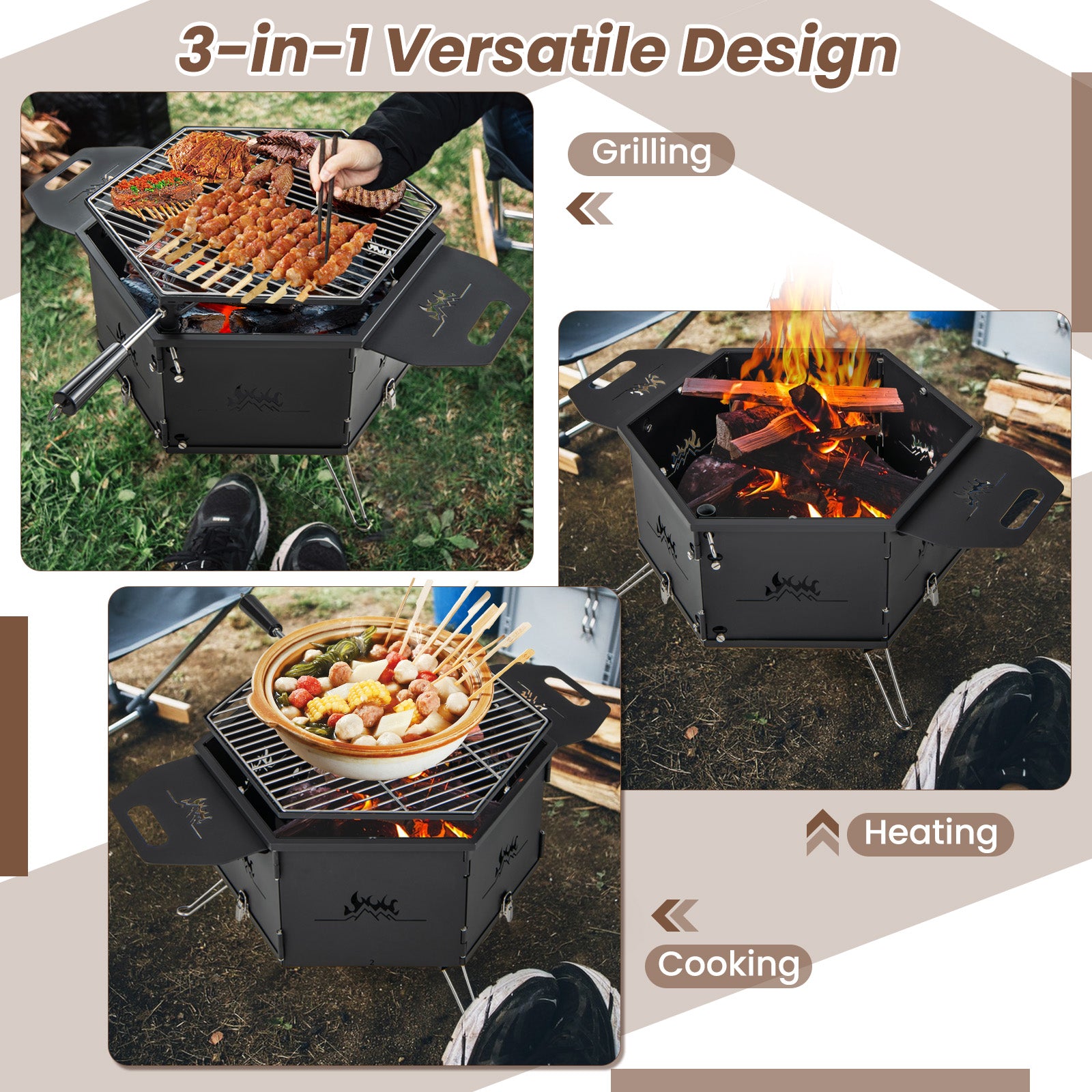Portable Charcoal Grill Stove Rotatable with Foldable Body and Legs with Handles