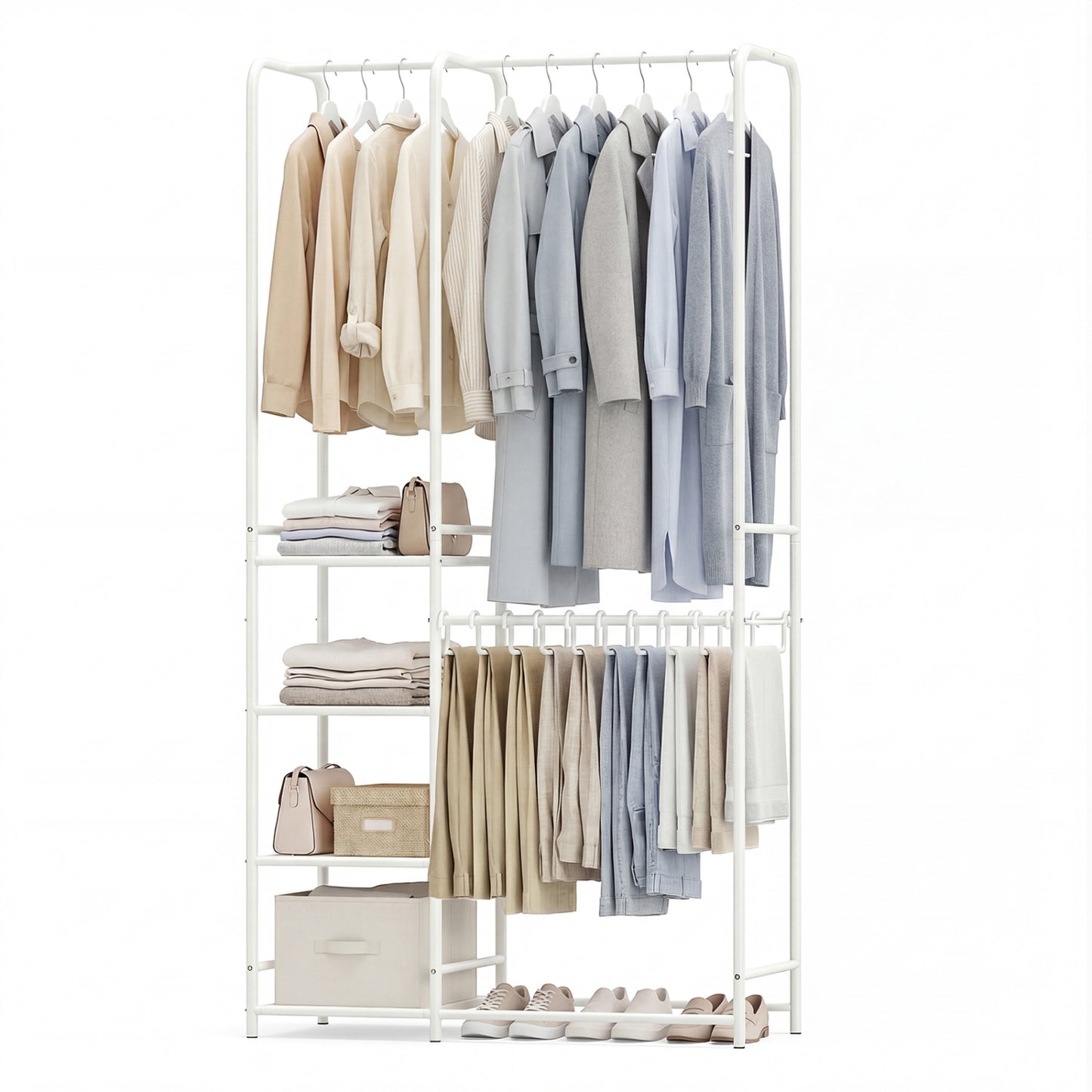 Portable Closet with Pants Hangers and 2 Hanging Rods and 4 Storage Shelves