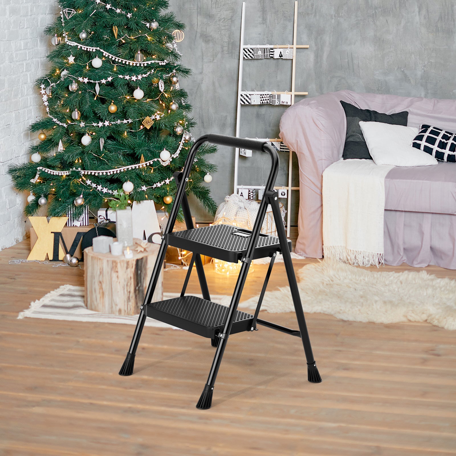 Portable Folding 2 Step Ladder with Wide Anti-Slip Pedal-Black
