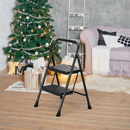 Portable Folding 2 Step Ladder with Wide Anti-Slip Pedal-Black