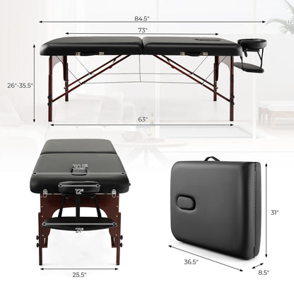 Folding Massage Table with Height-adjustable Beech Wood Frame-Black