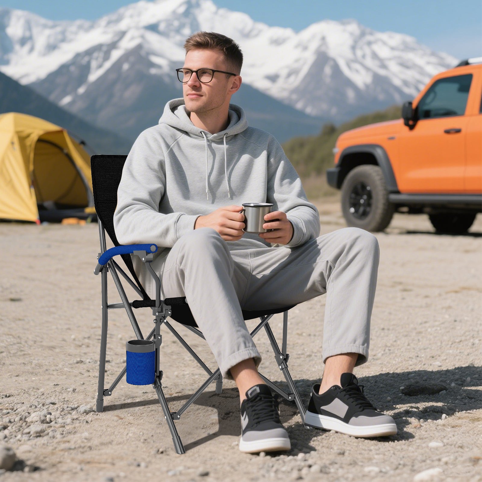Portable Folding Oxford Cloth Camping Chair with Cup Holder and Side Pocket-Navy