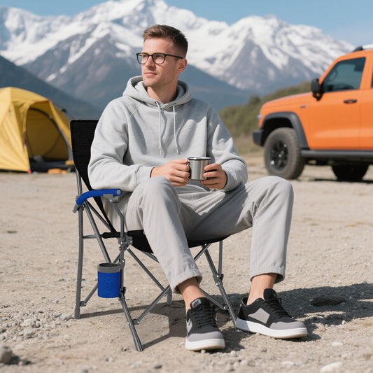 Portable Folding Oxford Cloth Camping Chair with Cup Holder and Side Pocket-Navy