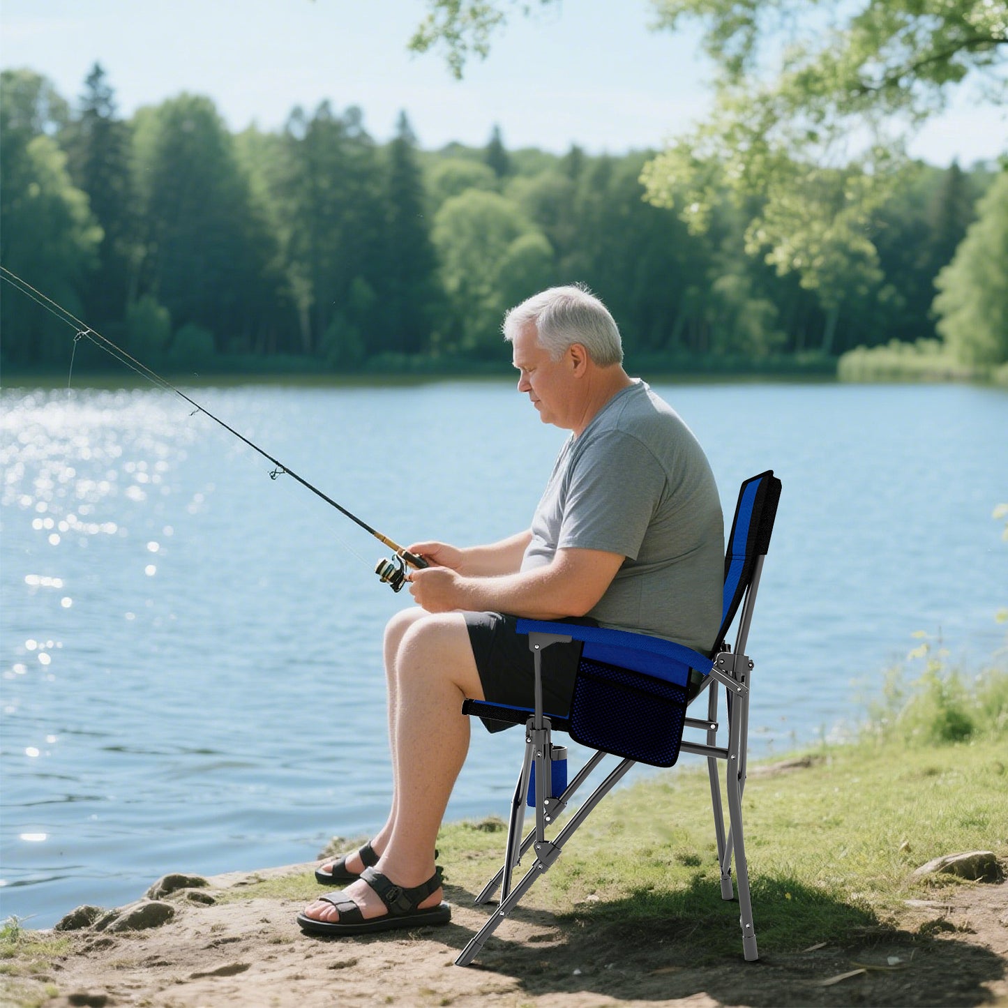 Portable Folding Oxford Cloth Camping Chair with Cup Holder and Side Pocket-Navy