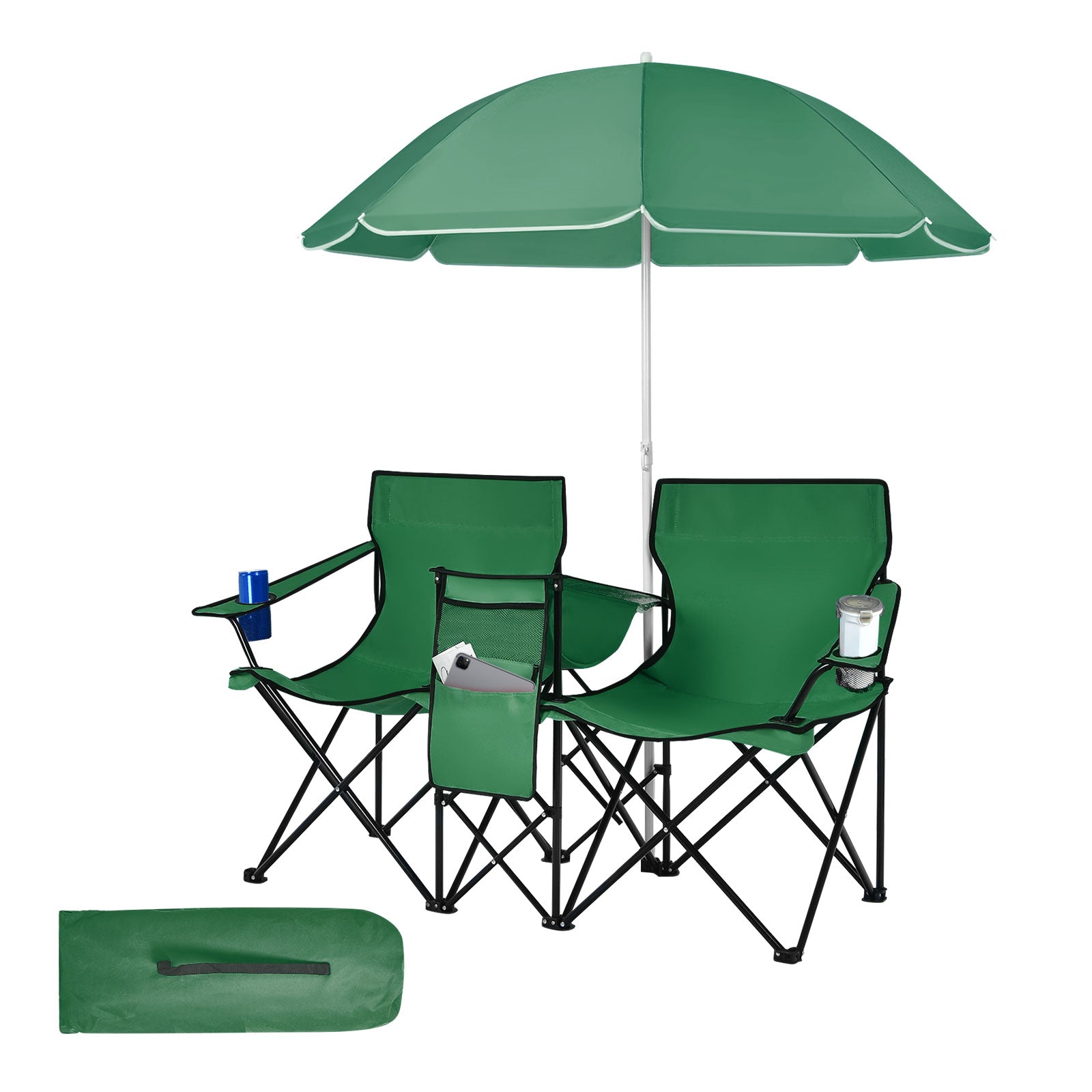 Portable Folding Picnic Double Chair With Removable Umbrella-Green - Green