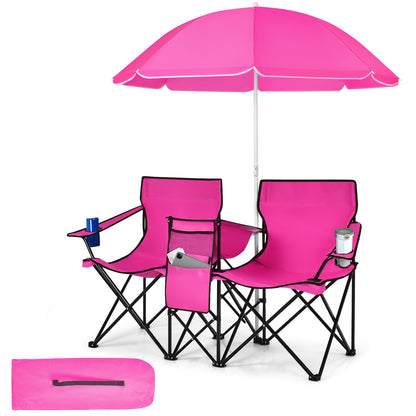 Portable Folding Picnic Double Chair With Removable Umbrella-Green - Pink