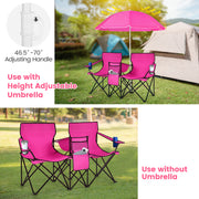 Portable Folding Picnic Double Chair With Removable Umbrella-Pink
