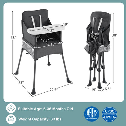 Portable High Chair for Travel Foldable with Adjustable Tray and Mesh Pockets-Gray