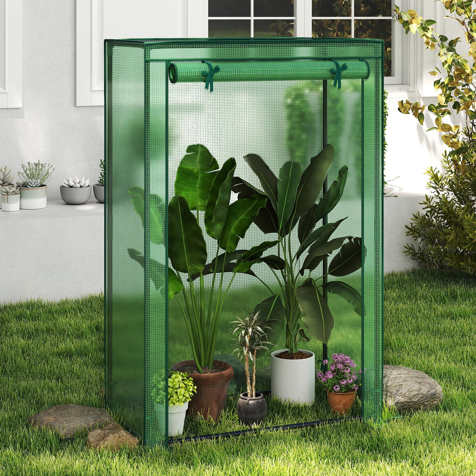 Portable Mini Greenhouse with Roll-Up Zippered Door-Green