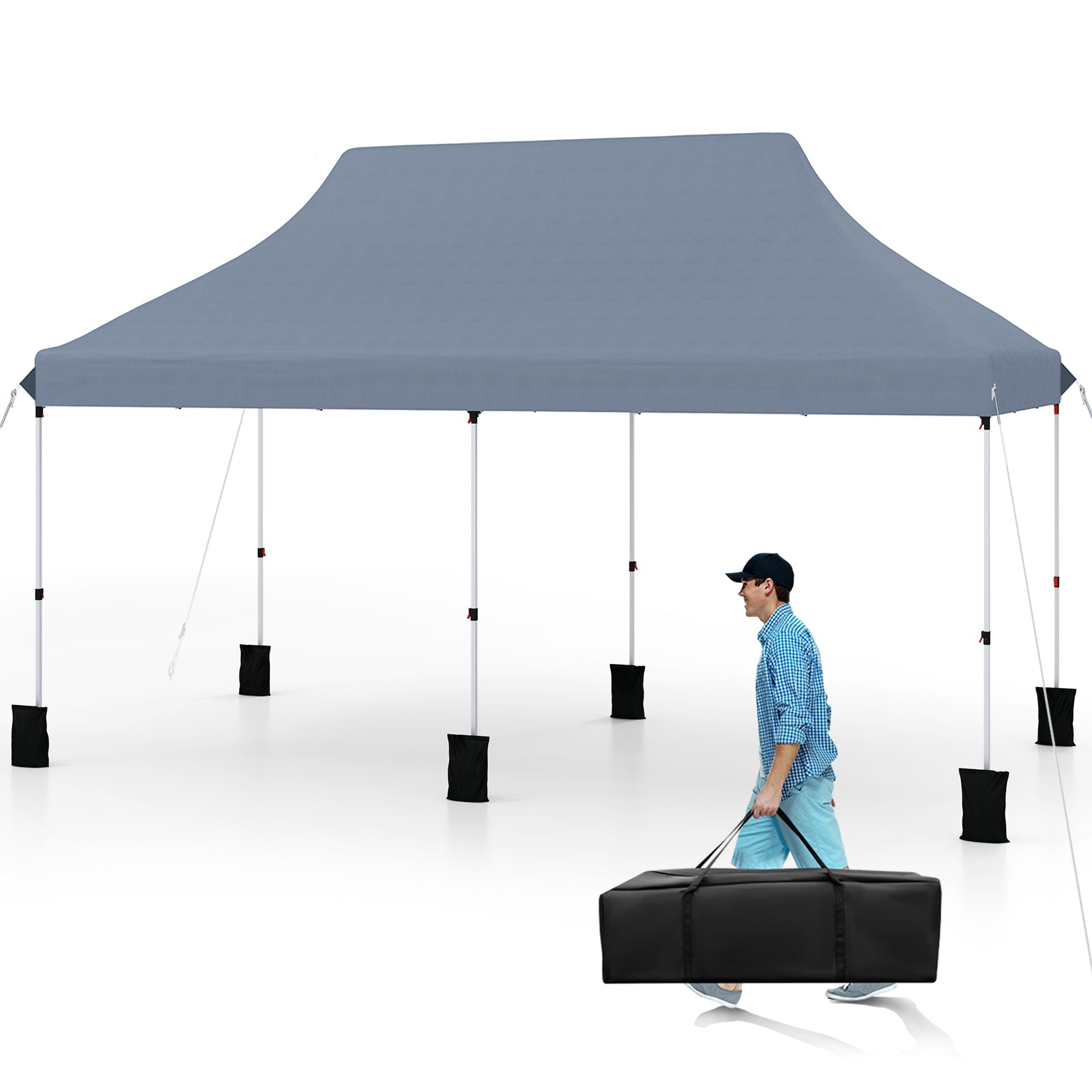 10 X 20 FT Pop up Canopy Tent Foldable Portable Outdoor Gazebo with Carry Bag-Blue - Gray