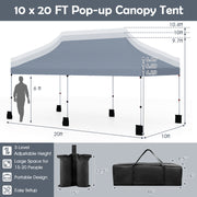 10 X 20 FT Pop up Canopy Tent Foldable Portable Outdoor Gazebo with Carry Bag-Gray
