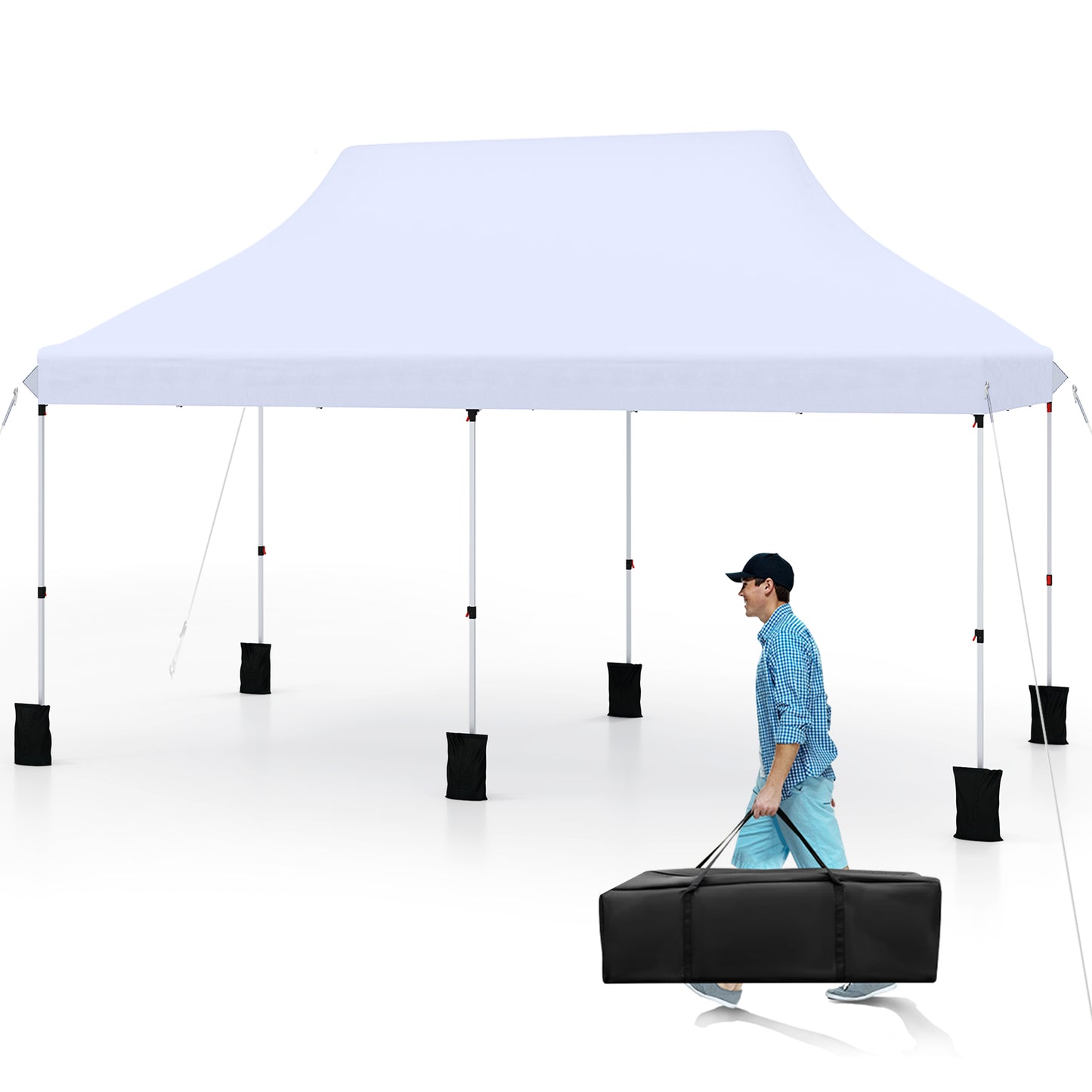 10 X 20 FT Pop up Canopy Tent Foldable Portable Outdoor Gazebo with Carry Bag-Blue - White