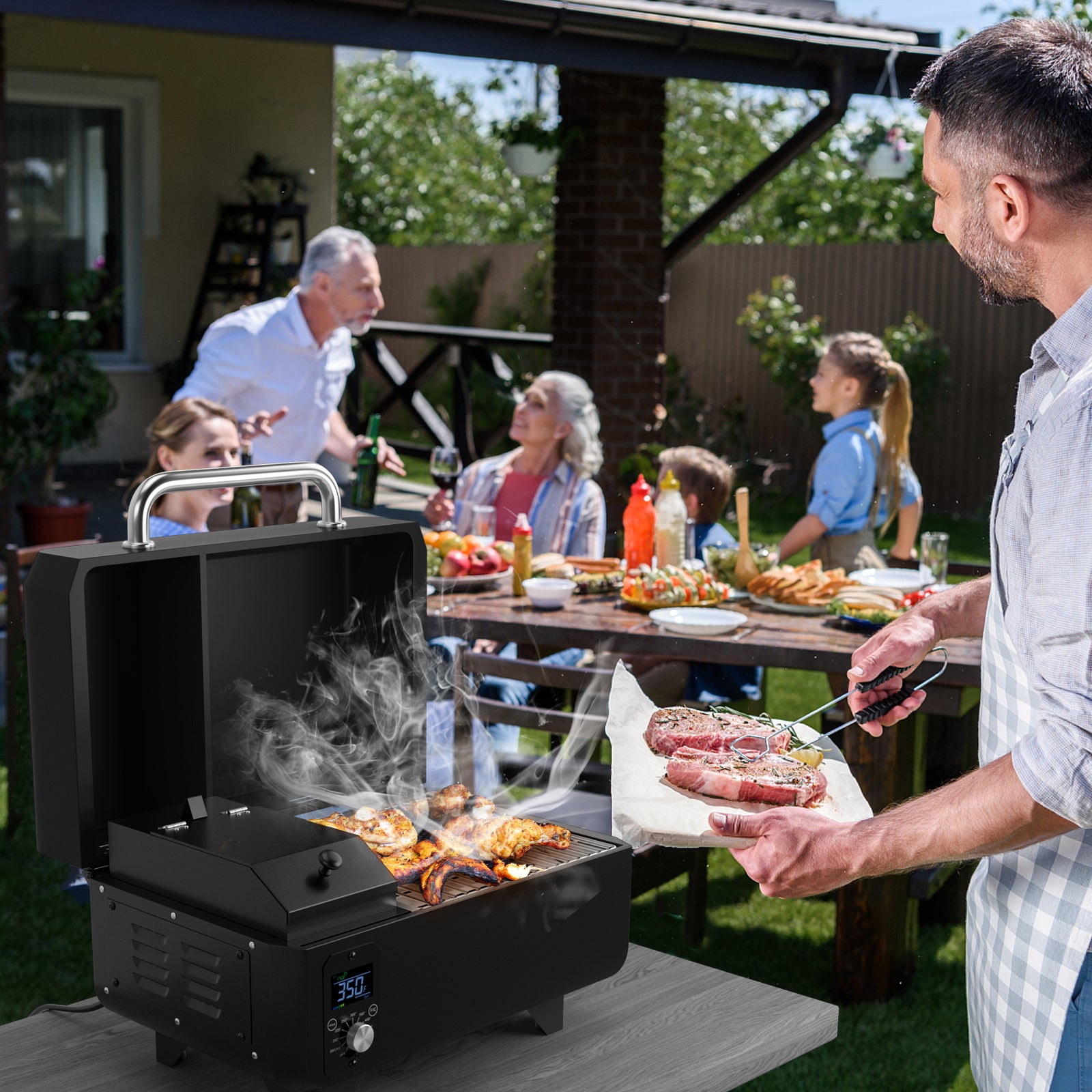 Outdoor Portable Tabletop Pellet Grill and Smoker with Digital Control System for BBQ-Black
