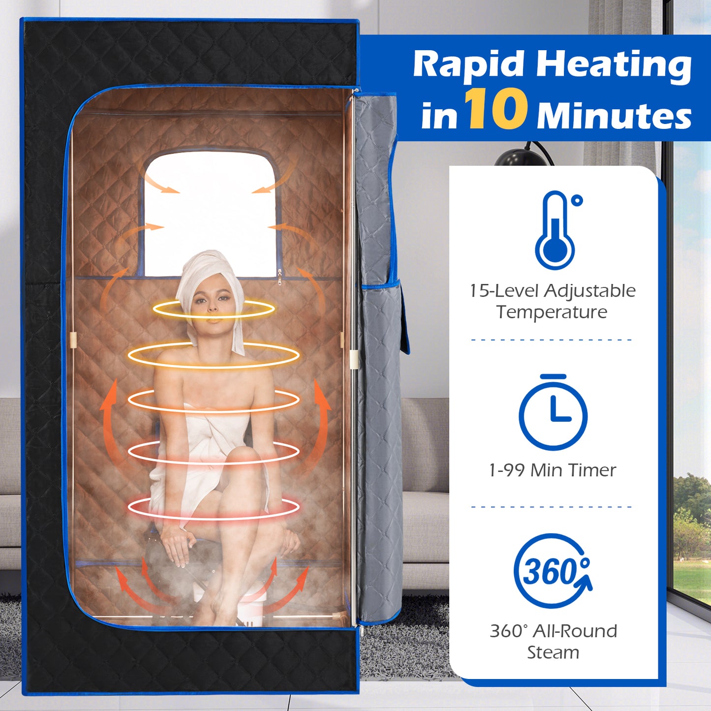 Portable Steam Sauna Box with 3L/1200W Fast-Heat Steamer and 15-Level Temperature-Blue