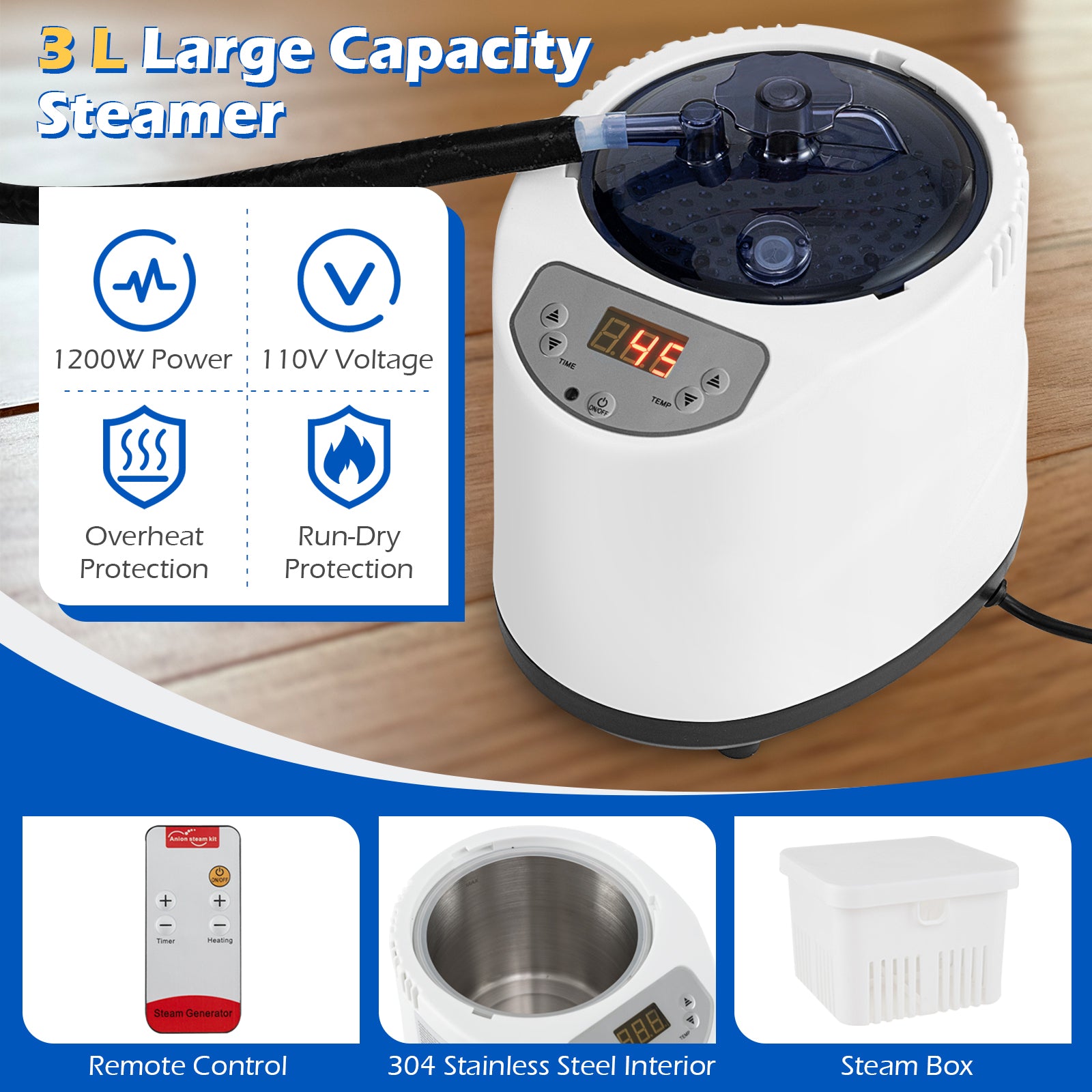 Portable Steam Sauna Box with 3L/1200W Fast-Heat Steamer and 15-Level Temperature-Blue