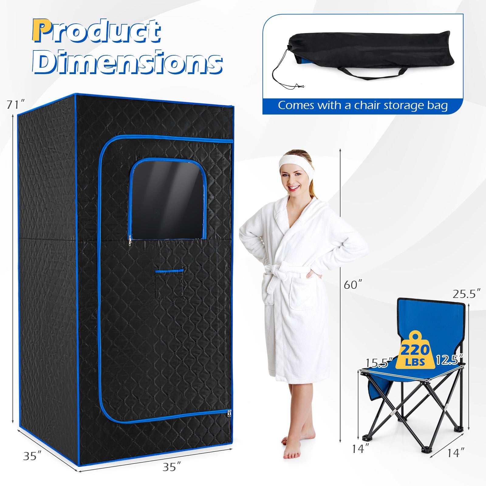 Portable Steam Sauna Box with 3L/1200W Fast-Heat Steamer and 15-Level Temperature-Blue