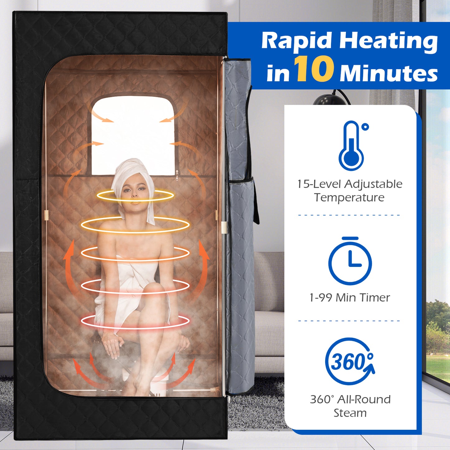 Portable Steam Sauna Box with 3L/1200W Fast-Heat Steamer and 15-Level Temperature-Black