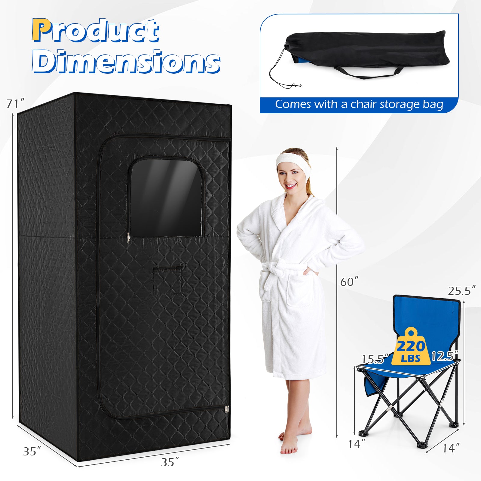 Portable Steam Sauna Box with 3L/1200W Fast-Heat Steamer and 15-Level Temperature-Black