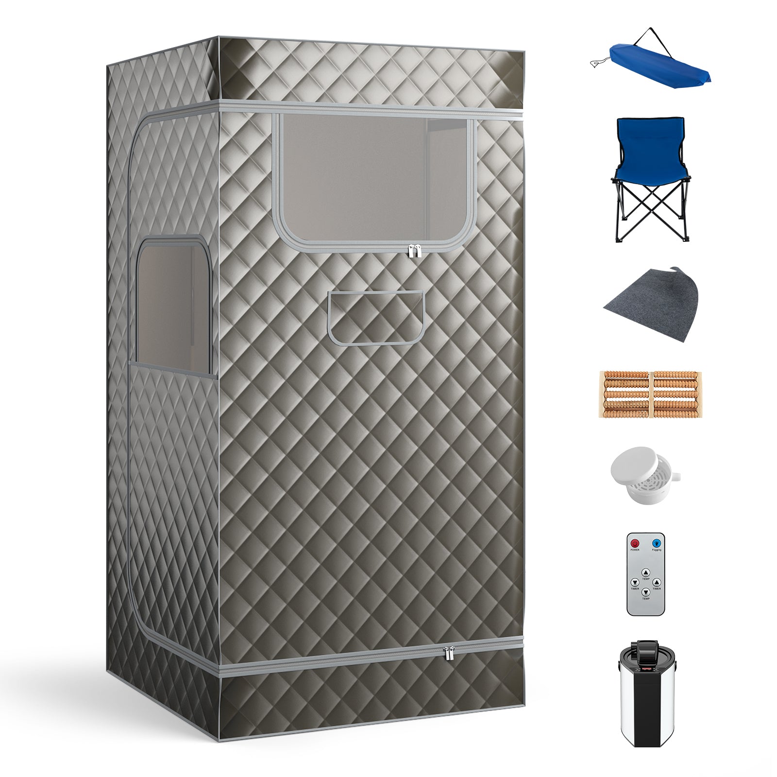 Portable Steam Sauna with 3L Steam Generator Remote Control Wood Foot Massager and Foldable Chair for Home-Coffee - Gray
