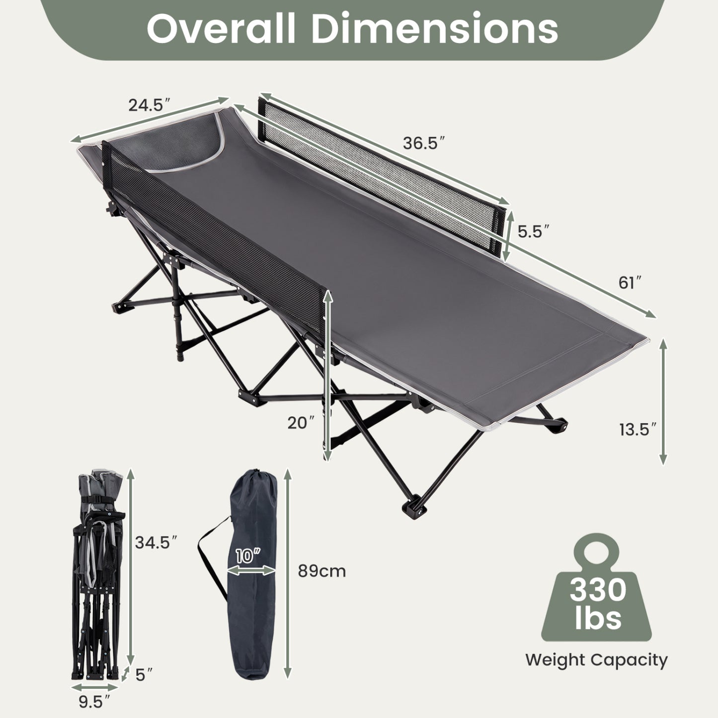 Portable Folding Camping Cot with Guardrail - 330 lbs Capacity