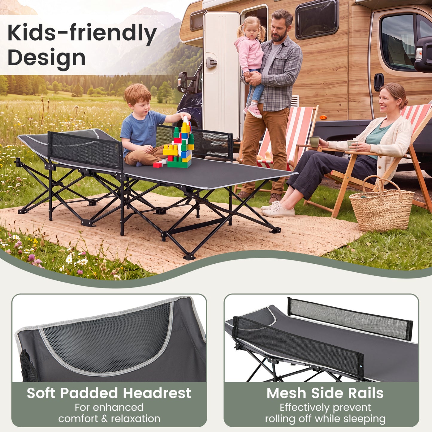 Portable Folding Camping Cot with Guardrail - 330 lbs Capacity
