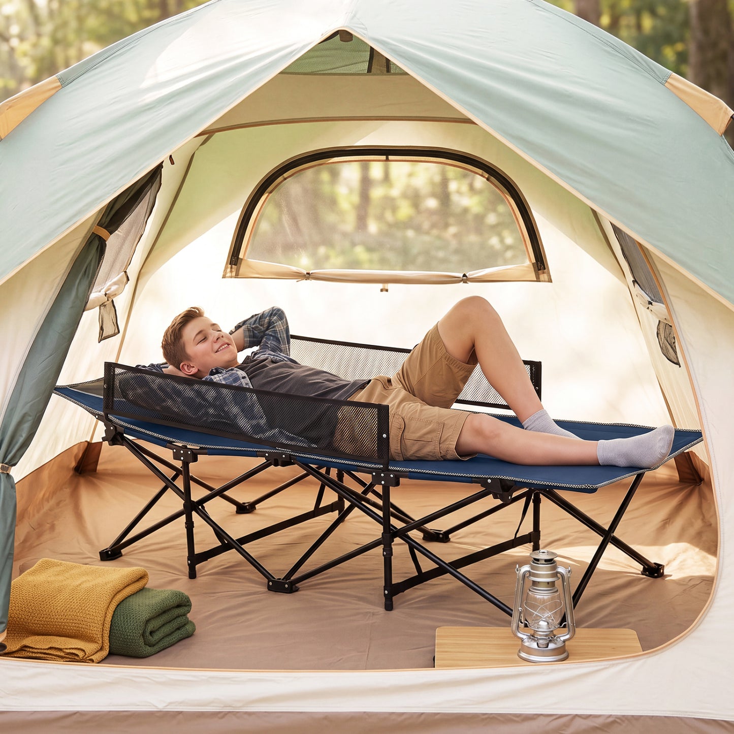 Portable Folding Camping Cot with Guardrail - 330 lbs Capacity