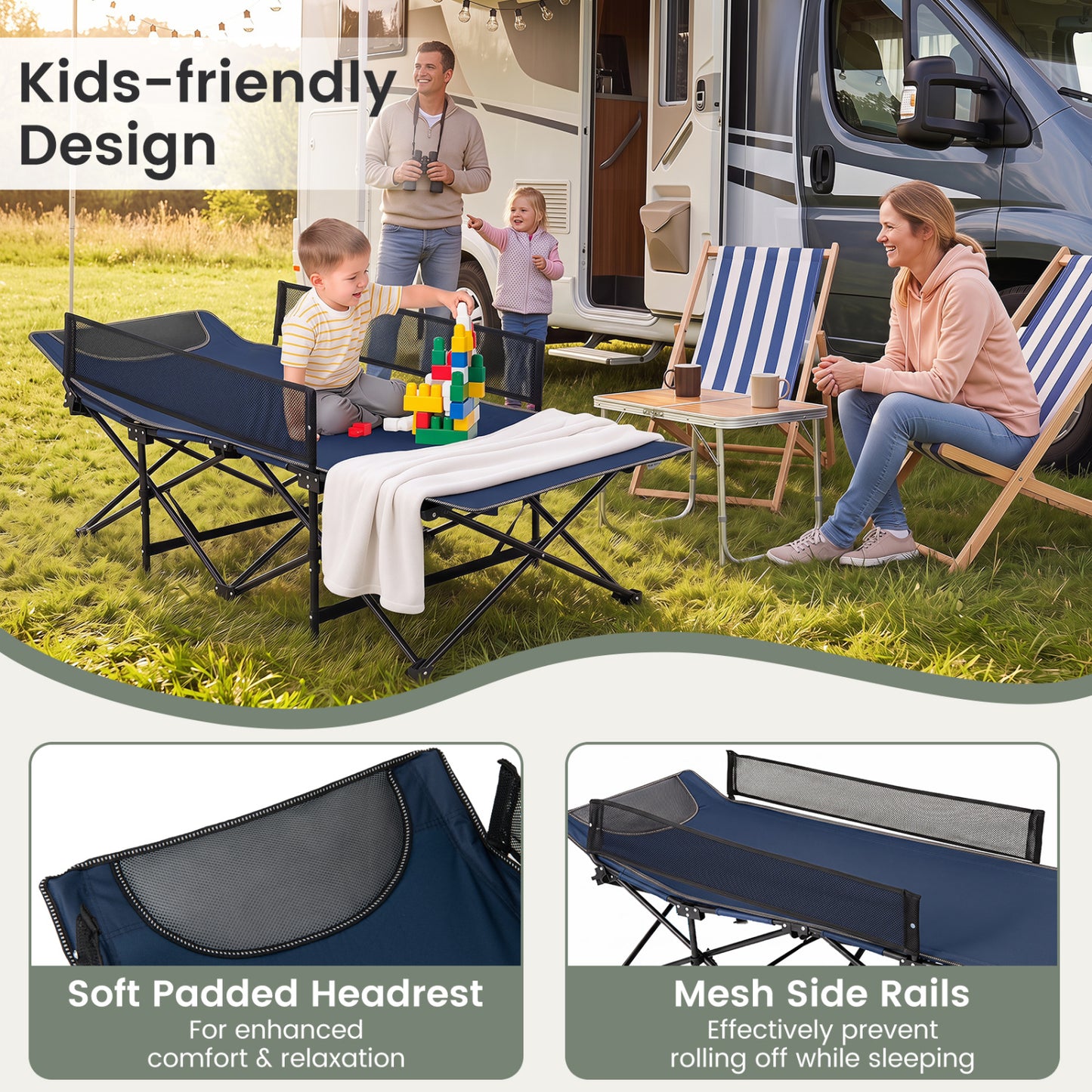 Portable Folding Camping Cot with Guardrail - 330 lbs Capacity