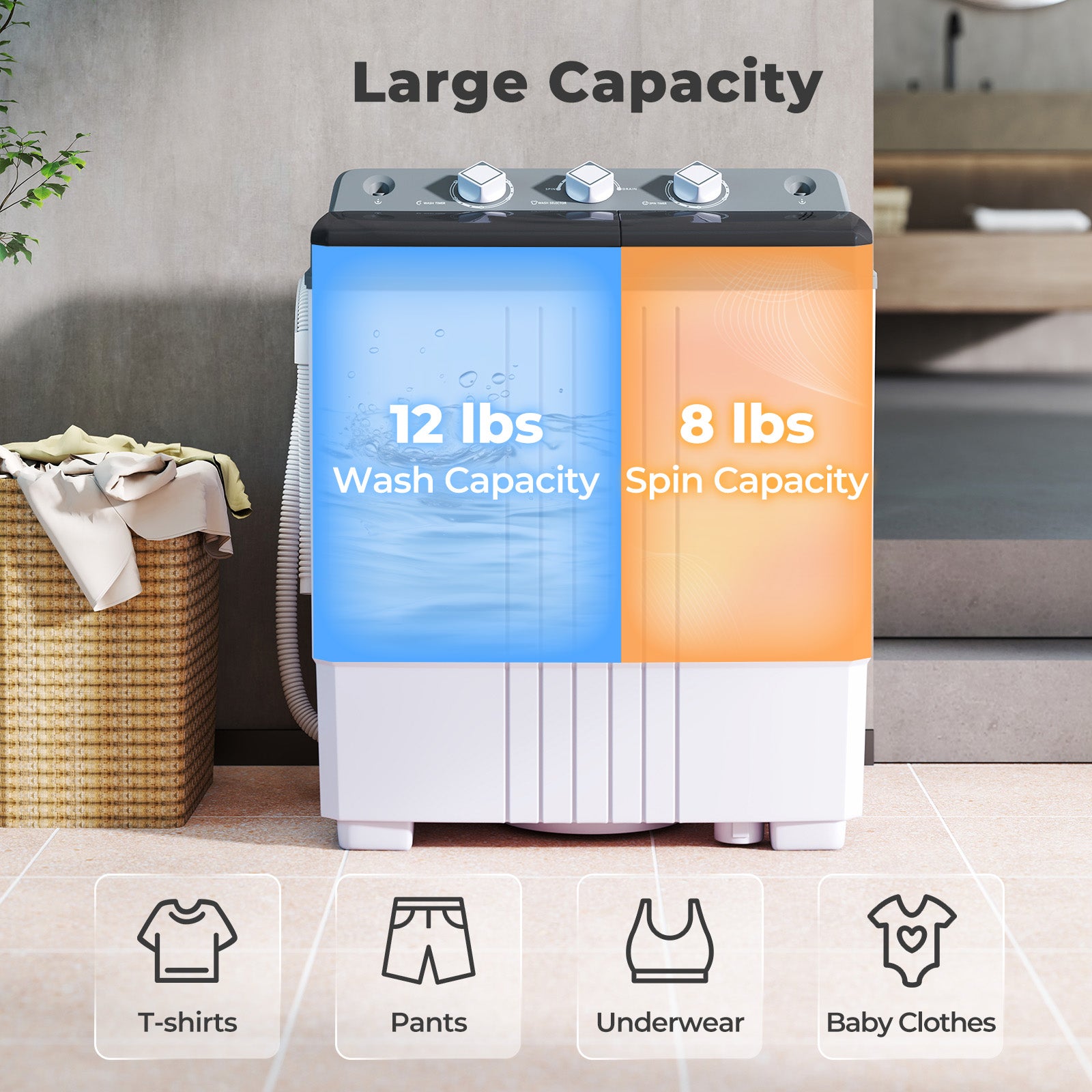 Portable Washing Machine with Built-in Drain Pump-Gray