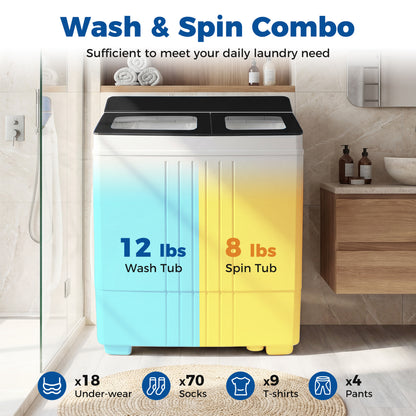 Portable Washing Machine with 12 LBS Washer and 8 LBS Spinner Combo for Apartments-Black