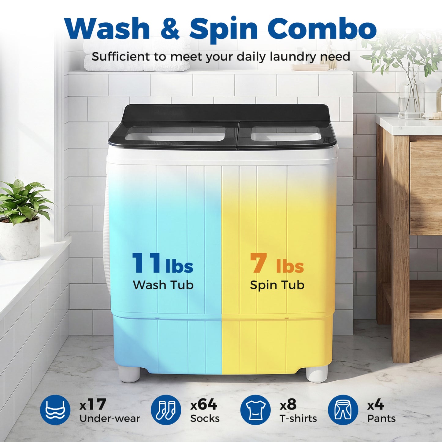 Portable Washing Machine 18 lbs Mini Laundry Machine with 11 LBS Washer-Black