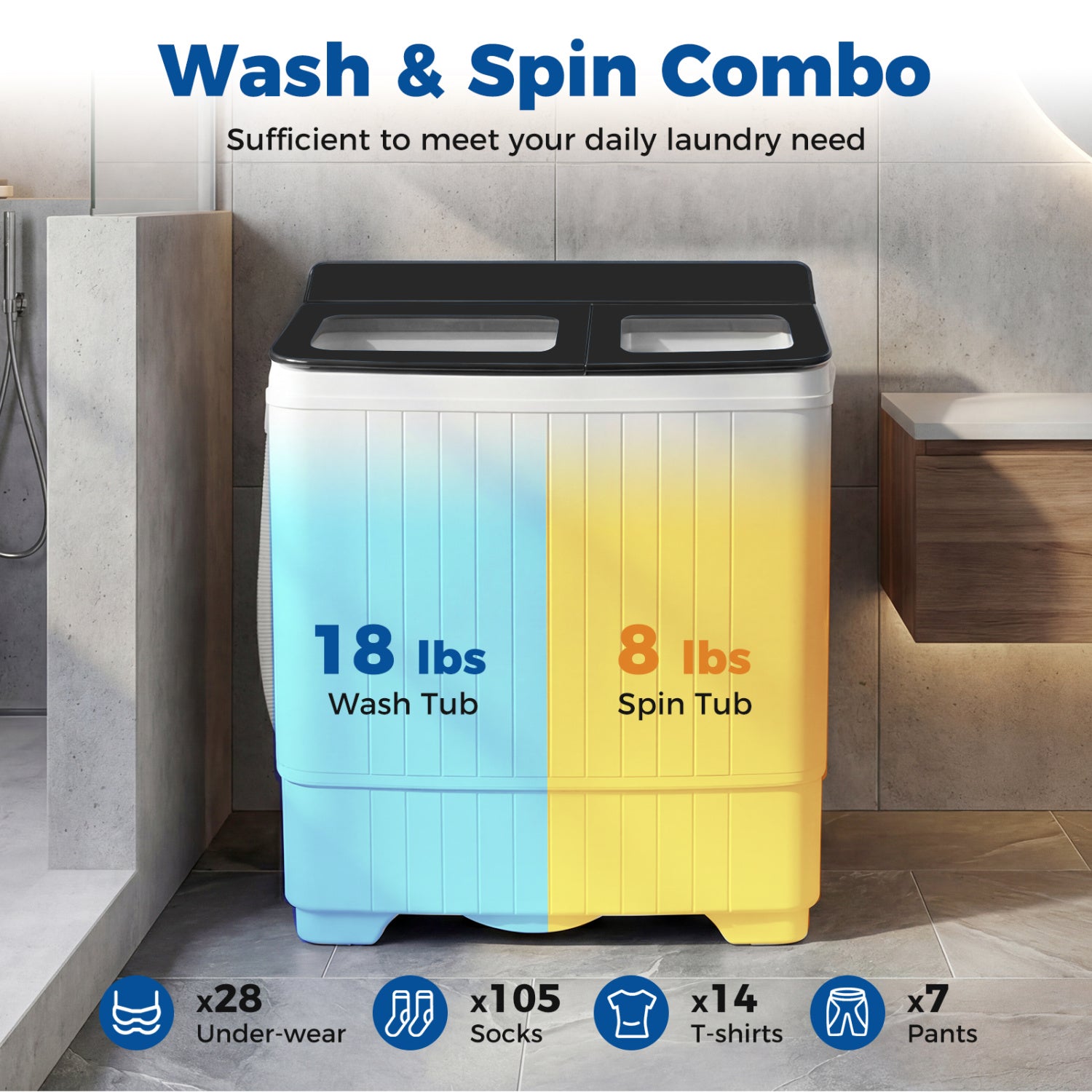 Portable Washing Machine with 18 LBS Washer and 8 LBS Spinner Combo-Black