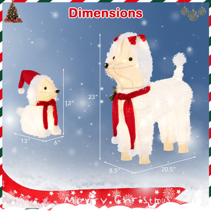 Pre-lit Mama and Baby Poodle Dogs with 60 Warm White LED Lights