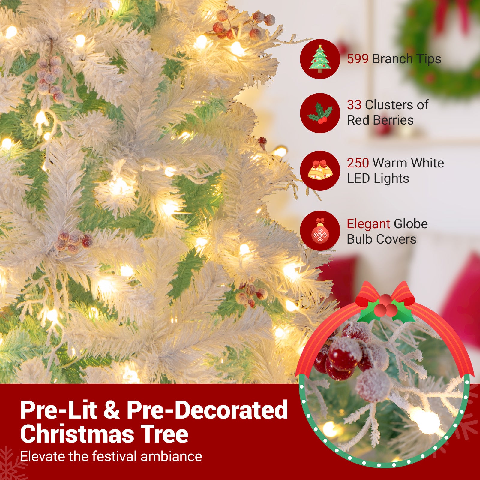 Pre-Lit Artificial Christmas Tree with Snow Flocked Branch Tips-S