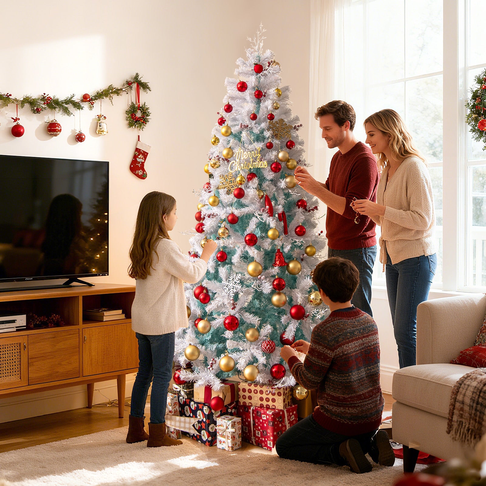 Pre-Lit Artificial Christmas Tree with Snow Flocked Branch Tips-M