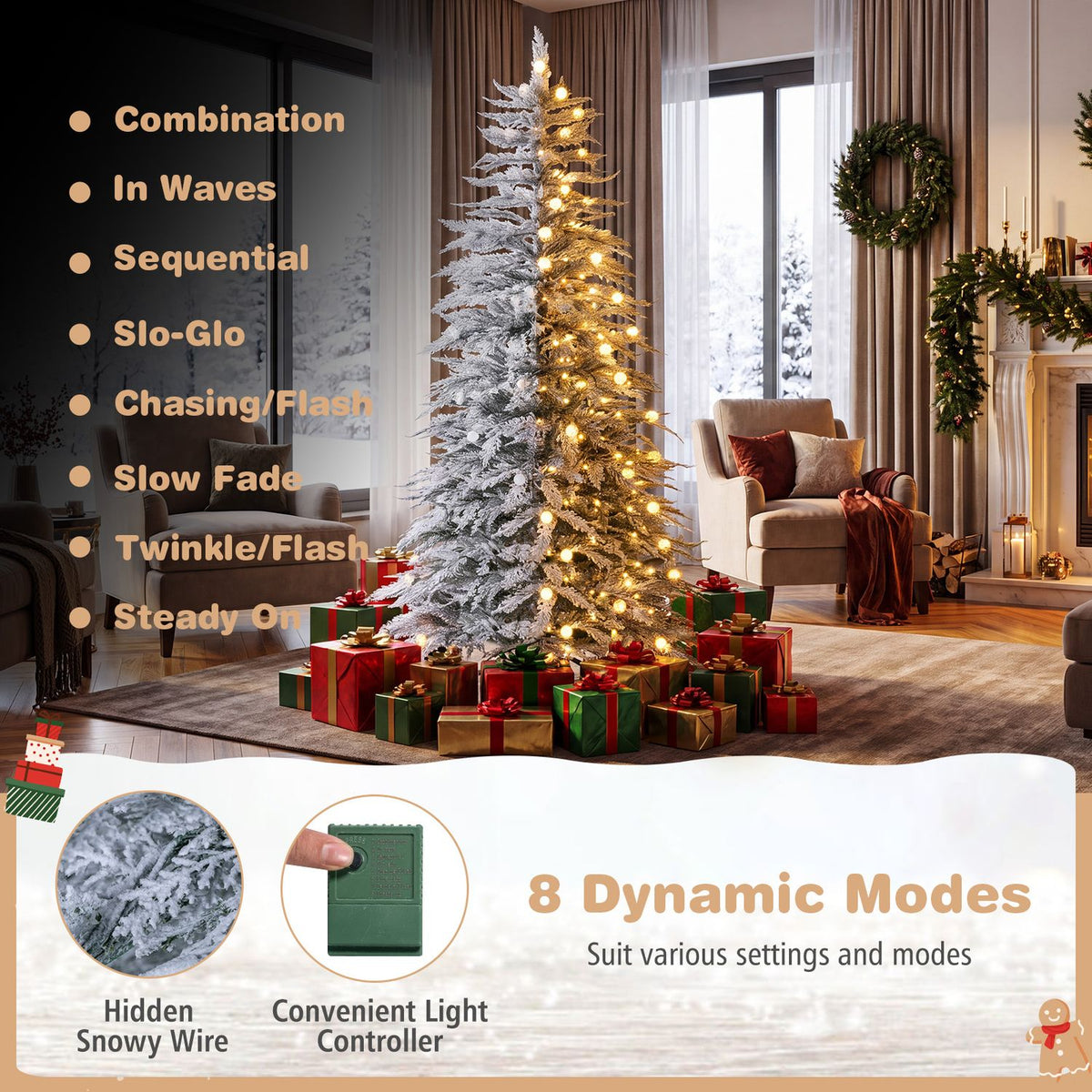 Pre-Lit Artificial Christmas Tree with 280/350/440 Warm White LED Lights and 8-Mode
