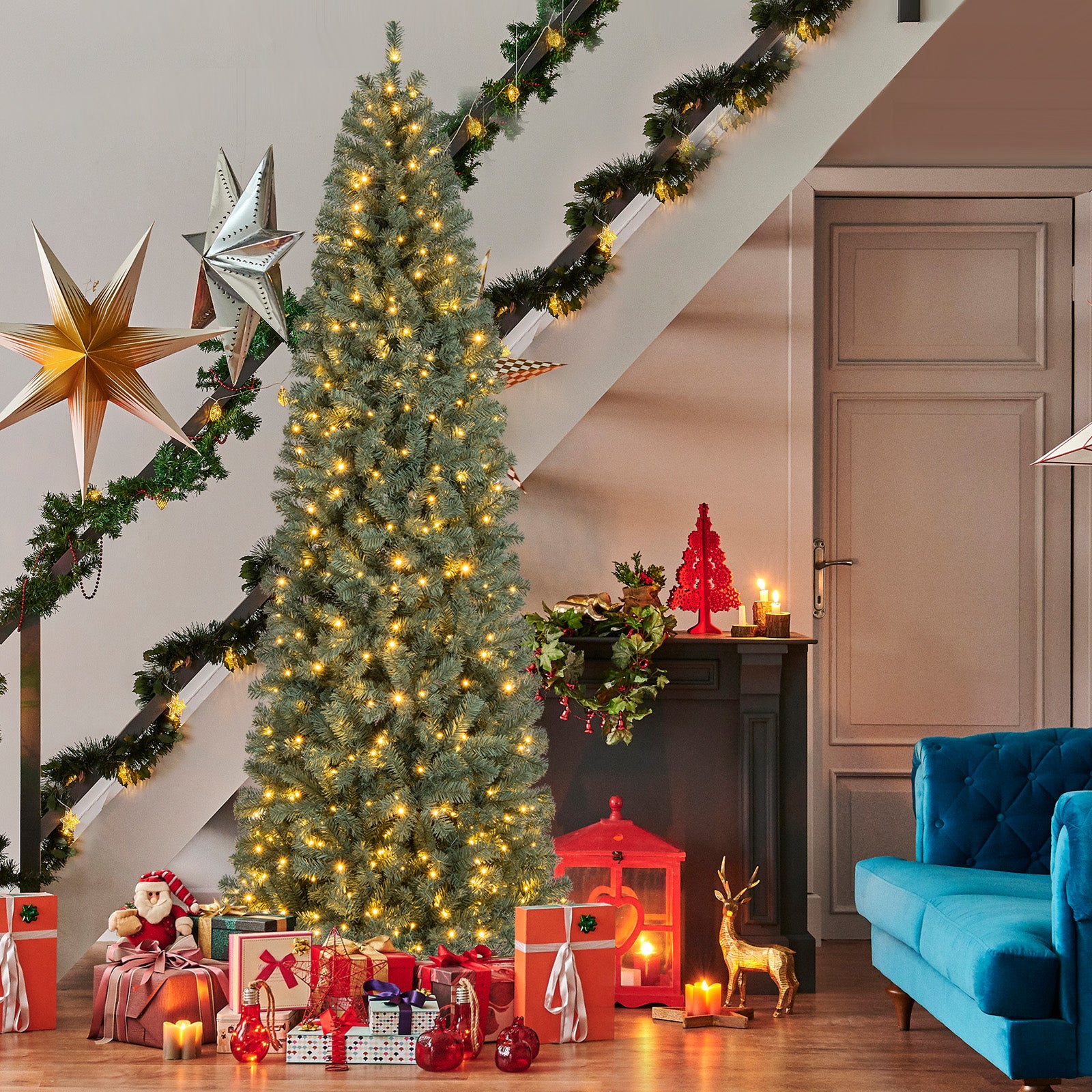 6.5/7.5 Feet Pre-Lit Blue Artificial Christmas Tree Slim with 9 Lighting Modes-9 ft