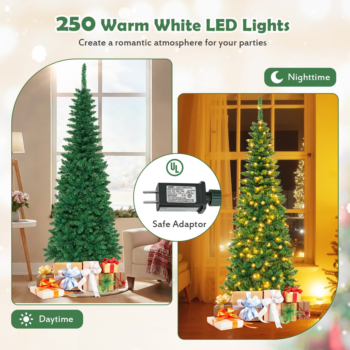 Pre-Lit Hinged Artificial Pencil Christmas Tree-6.5 Feet