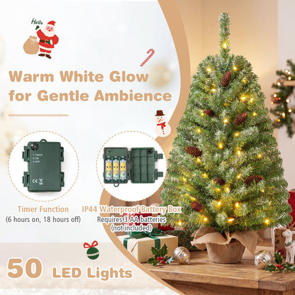 Pre-Lit Mini Christmas Tree with 50 Warm White LED Lights and Timer Set of 2-3 ft