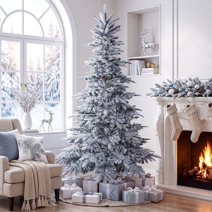 Pre-Lit Snow Flocked Artificial Christmas Tree with Easy-Setup Hinges for Holiday