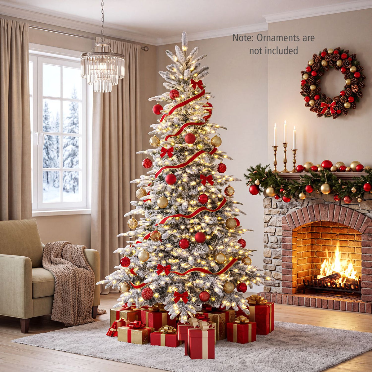 Pre-Lit Snow Flocked Artificial Christmas Tree with Easy-Setup Hinges for Holiday