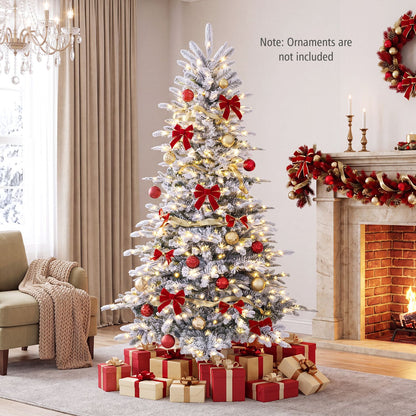 Pre-Lit Snow Flocked Artificial Christmas Tree with Easy-Setup Hinges for Holiday