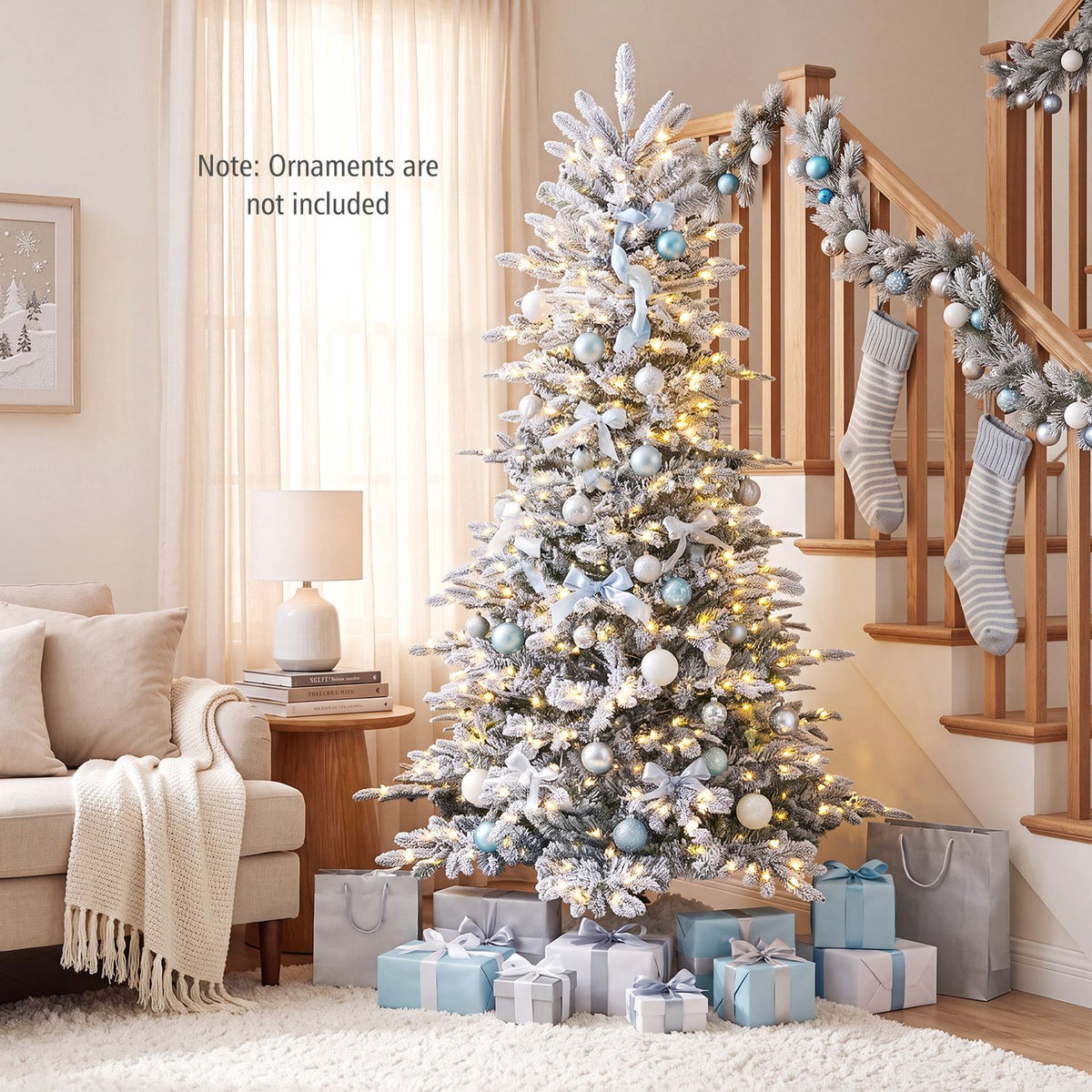 Pre-Lit Snow Flocked Artificial Christmas Tree with Easy-Setup Hinges for Holiday