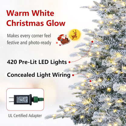 Pre-Lit Snow Flocked Artificial Christmas Tree with Easy-Setup Hinges for Holiday