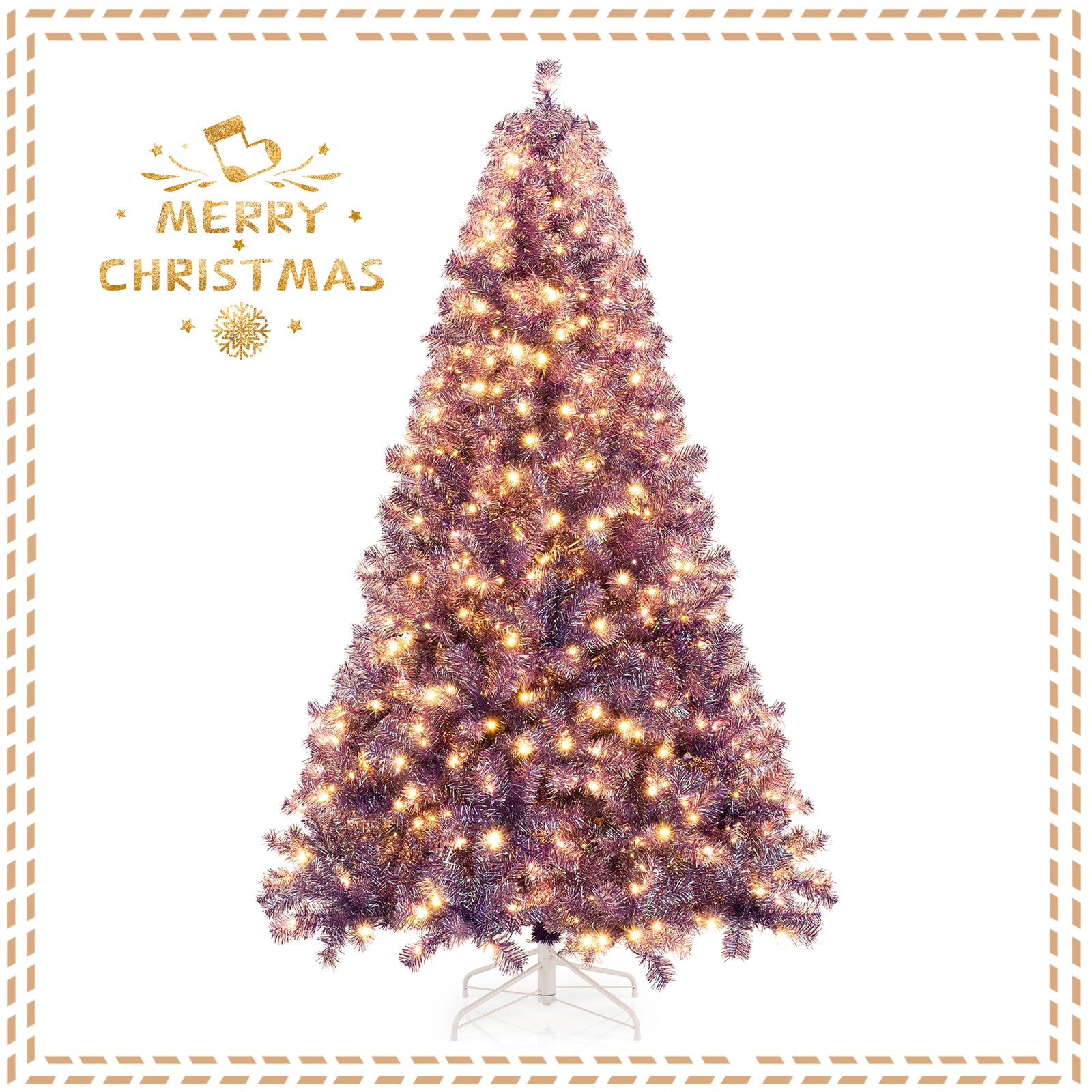Pre-Lit Tinsel Christmas Tree Artificial Xmas Tree with Lush Branch Tips and Warm White LED Lights-7.5ft