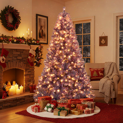 Pre-Lit Tinsel Christmas Tree Artificial Xmas Tree with Lush Branch Tips and Warm White LED Lights-7.5ft