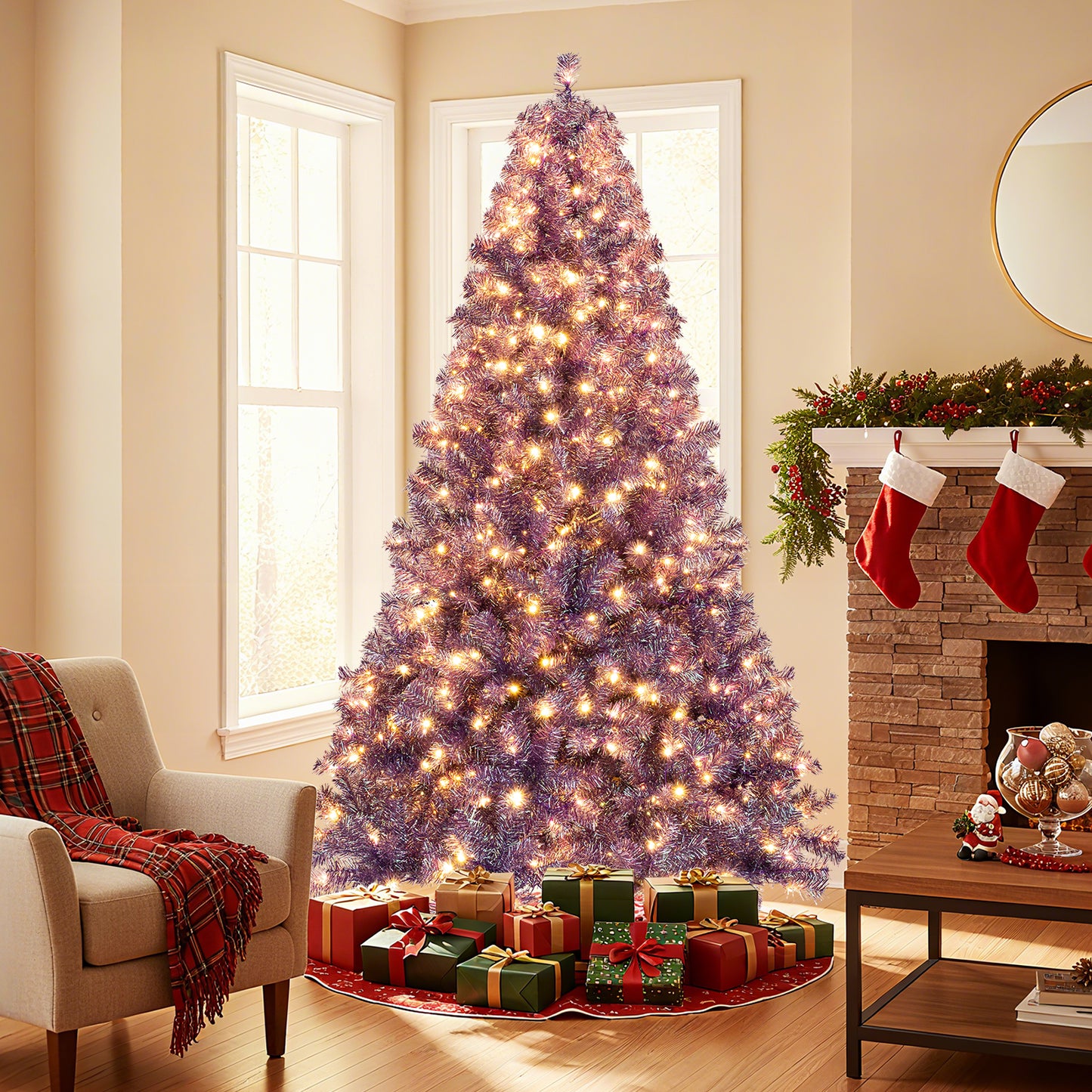 Pre-Lit Tinsel Christmas Tree Artificial Xmas Tree with Lush Branch Tips and Warm White LED Lights-7.5ft