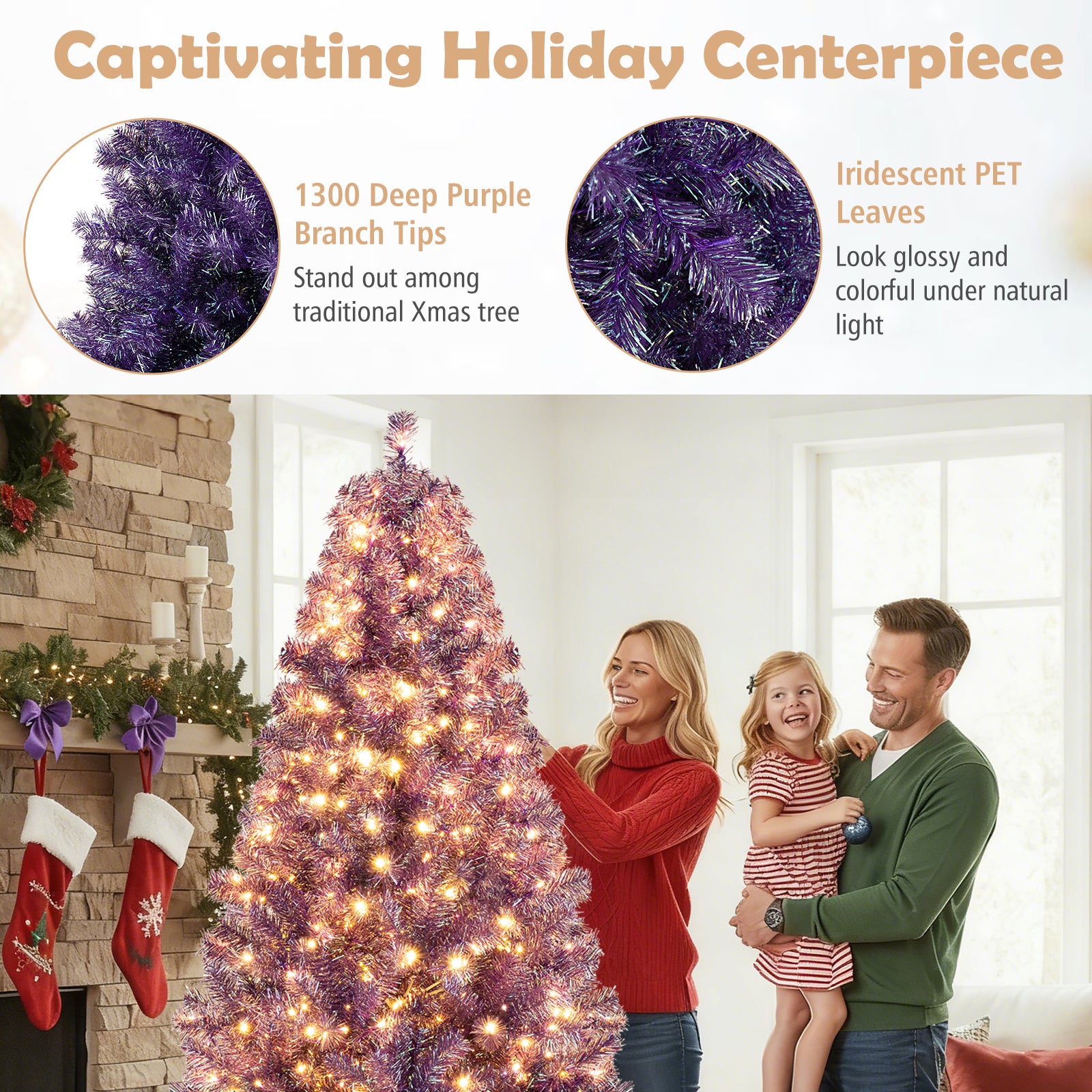 Pre-Lit Tinsel Christmas Tree Artificial Xmas Tree with Lush Branch Tips and Warm White LED Lights-7.5ft