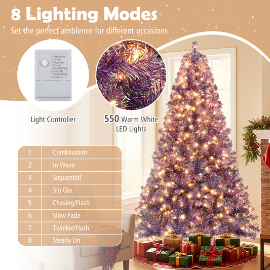 Pre-Lit Tinsel Christmas Tree Artificial Xmas Tree with Lush Branch Tips and Warm White LED Lights-7.5ft