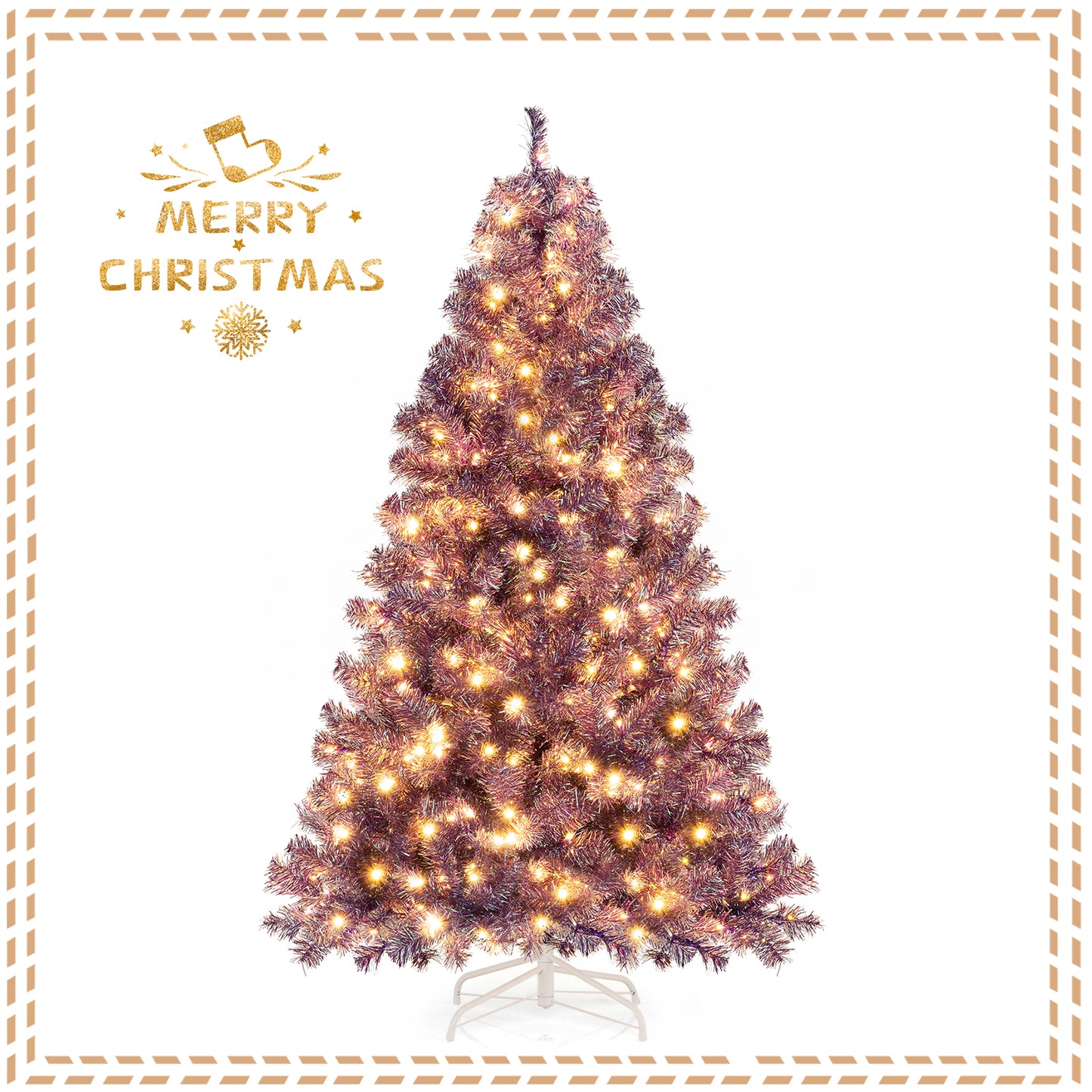 Pre-Lit Tinsel Christmas Tree Artificial Xmas Tree with Lush Branch Tips and Warm White LED Lights-6ft